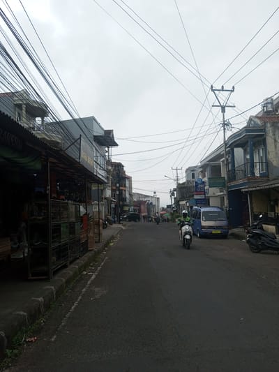 The image depicts a street scene in Houaythat, Laos, under an overcast sky. The asphalt road, showing signs of wear, runs from the foreground towards the background, flanked by raised concrete curbs and sidewalks.
On the left side, a long commercial structure with a corrugated metal awning overhangs the sidewalk. Beneath the awning, multiple stacks of multi-tiered metal cages are visible, likely for birds or small animals. Signs on the building facade include "RAVERO" and "DORIA BIRDS." Further along this side, various multi-story buildings of differing architecture are present, one featuring a "RENTAL" sign. A dense array of black utility wires crisscrosses overhead, connecting to structures and poles.
On the right side of the street, a narrower sidewalk precedes a sequence of buildings. The closest building on this side features a prominent blue-painted upper facade with a black wrought iron balcony railing and a dark blue entrance on the ground floor. A light blue van with a yellow license plate, partially legible as "1965 ZH," is parked curbside further down. Other businesses are identifiable by signage, including "ANNA MEDIKA dr. H. HADI" and "Abdul Mubarak." A substantial utility pole with several cross-arms and insulators stands prominently on this side, supporting more overhead wires.
One individual, wearing a white helmet and a green jacket, is operating a white scooter, driving towards the viewer on the right side of the road. Other motorcycles are parked along the sidewalks, and a dark car is visible in the distance. In the far background, a white structure resembling a minaret or spire is visible above the distant buildings on the left.