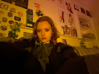 This media file captures an indoor scene in Dundee, United Kingdom, with an unconventional orientation where the primary subject appears upside down. A young person's head and upper torso are visible at the bottom center of the frame, looking directly towards the viewer with a neutral expression. They have light skin, reddish-brown wavy hair, and are wearing a dark jacket or top. Red lipstick is visible on their lips.
The background, appearing 'above' the person's head in the image, is a wall adorned with various personal items and decorations. To the viewer's left, there are shelves holding objects and framed artwork, including abstract pieces and illustrations of figures. A hanging plant with green leaves is also visible. To the viewer's right, the wall features numerous items stuck or hung, including what appear to be bottle caps or coasters from various brands, and more framed artwork or posters. Another green plant hangs on this side.
The lighting is dim, warm, and yellowish, suggesting an evening or nighttime setting, illuminated by artificial light. Above the person's head and extending upwards into the frame, a large dark mass of fabric is visible, possibly bedding or clothing, indicating the person might be lying down.
Visible text on the wall decorations includes "GLENMORANGIE" (appearing twice, likely from a whiskey box), "WET PAINT", "POPULAR MUSIC", "EFES PILSENER", "früh", "idler", "ANDA", "PETPO", "RAVI", "The Ge", "10630", and "$1530". The overall atmosphere is personal and eclectic, characteristic of a private living space like a bedroom.
