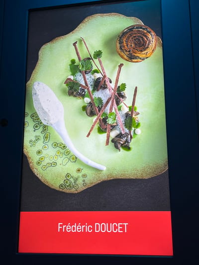 A vertical digital display or poster, framed in dark blue, is depicted, likely situated within a public area such as the Cité Internationale de la Gastronomie et du Vin in Dijon, France. The upper portion of the display showcases a high-resolution photograph of a meticulously plated gourmet dish on an irregularly shaped, pale green ceramic plate with a textured, slightly uneven brown rim. The plate's surface exhibits subtle, darker green circular patterns.
The dish features multiple clusters of dark, coiled gastropods, possibly escargots, arranged along an undulating path. These are accompanied by small, spherical white elements, vibrant green sauce, and frothy white foam. Several thin, reddish-brown, stick-like components are diagonally arranged, crisscrossing the clusters, interspersed with small sprigs of fresh green herbs. To the left of the main arrangement, a white, elongated, spoon-shaped object holds a quenelle of a pale, textured, off-white substance flecked with green. In the upper right section of the plate, a small, round, dark brown and golden pastry or baked item with a distinct spiral pattern is positioned.
Below the culinary image, a horizontal red banner displays the name "Frédéric DOUCET" in white, sans-serif capital letters. The overall presentation suggests a high-end culinary creation attributed to the named chef.