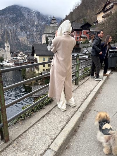 The image depicts a daytime scene on a pedestrian walkway in Hallstatt, Austria, overlooking Hallstätter See and the surrounding village. In the foreground, facing away from the viewer, a person wearing a light beige long coat with a white hood is holding a phone and appearing to photograph the panoramic view. They are standing on a slightly elevated concrete path with a metal railing along its left edge. Below the railing, dark water of the lake is visible, with traditional buildings lining its shore.

To the immediate right of the primary subject, two individuals, a male and a female, are walking along the same path. The male, positioned closer to the viewer, wears a dark jacket and dark pants, with a light-colored shoe visible on his right foot. The female, partially obscured behind him, wears a dark jacket and light-colored pants or boots. They appear to be interacting or looking towards something off-camera to the right. A black municipal waste bin stands on the far right edge of the path, adjacent to where the couple is walking.

Further right and slightly behind the couple, a small, light-brown dog with fluffy fur is walking on a leash. The dog wears a dark, possibly padded, harness with light-colored detailing. Its tail is visible and curved upwards.

The background showcases the distinctive architecture of Hallstatt, including a prominent light-colored church with a tall, pointed spire on the left, and another building with a darker dome-shaped roof further right. Various multi-story houses, some with dark roofs and light-colored walls (e.g., yellow, red), are clustered along the waterfront and climb the steep, tree-covered mountainside. The mountains, largely bare of foliage except for some sparse trees, rise dramatically, with their upper slopes partially obscured by a cloudy or overcast sky. Some patches of snow are visible on the distant mountain peaks.