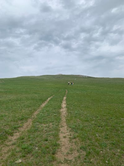 An overcast day presents a view of a grassy, rolling hill with a well-worn dirt path leading upwards. The path is marked by two distinct parallel tracks, indicating frequent use by vehicles or hikers. In the distance, a small group of people, appearing as silhouettes, are walking up the hill towards a rocky outcrop at the crest. The vegetation is predominantly short, green grass dotted with small yellow and white wildflowers. The sky is filled with heavy, grey clouds. The scene is likely a natural landscape, possibly a park or nature reserve, in the vicinity of Khurai-Nur, Russia, characterized by its open, hilly terrain and the presence of a walking trail.