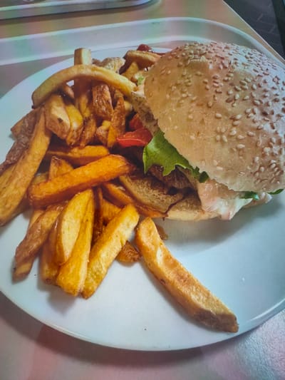 A close-up, eye-level shot shows a white plate with a burger and french fries. The burger is on the right side of the plate, with a sesame seed bun, lettuce, and some sauce. The french fries are piled on the left and in front of the burger. The fries are golden brown and appear to be thick-cut. The plate is on a table with a light-colored surface. The background is out of focus and appears to be a restaurant or food service setting. There is no identifiable information in the image that places it in Zrenjanin, Serbia.
