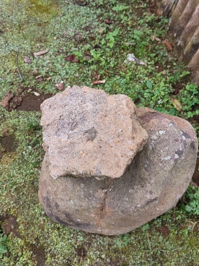 In Pinnwe, Myanmar (Burma), two rocks are positioned on sparsely vegetated ground. A smaller, irregularly shaped, light brown rock rests atop a larger, rounded, dark gray-brown rock. The larger rock exhibits patches of lighter biological growth, likely lichen or moss. The ground beneath the rocks is covered with short green vegetation and exposed earth, with some organic debris scattered throughout. A vertical corrugated structure, possibly a fence or wall, is partially visible in the upper right background. No individuals are present in the scene.