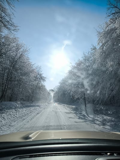 The image depicts a snow-covered road in Khrinivka, Ukraine, viewed from inside a vehicle through its windshield. The vehicle's tan-colored hood and black dashboard are visible across the bottom of the frame. The road ahead is a straight, unpaved or lightly paved track, entirely covered in packed snow and ice, with distinct tire tracks indicating recent passage. Snow banks line both sides of the road. Dense, leafless deciduous trees, heavily laden with glistening snow and ice, form a tunnel-like canopy along both edges of the road. One tree on the left side, in the middle distance, is notably bent, its branches curving over the roadway. The sky overhead is clear and bright blue, with a brilliant sun positioned in the upper center-right, emitting strong glare and lens flare that illuminates the snowy landscape. No people or animals are visible.