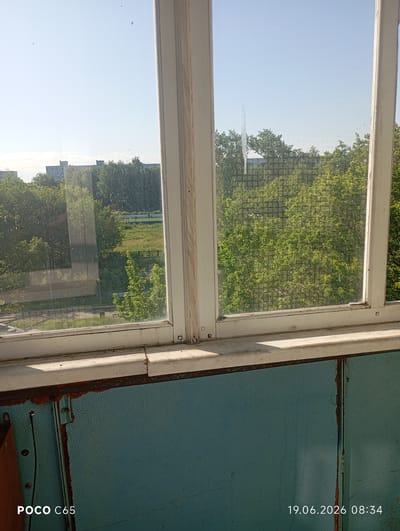 A full-frame, eye-level outdoor shot captures a view through a multi-pane window onto a city landscape in Syzran, Russia. The window frame is white, made of wood, and shows signs of wear and tear. The glass is smudged with dirt and dust, obscuring the view. Through the window, several apartment buildings are visible, some appearing weathered and grey. Lush green trees with dense foliage are scattered throughout the scene, some with a wire mesh visible behind them. In the distance, a patch of dry grass and a fence can be seen. The sky is a clear, bright blue. The foreground of the image shows the interior of a balcony, with a weathered wooden ledge and a blue textured wall. A black wire hangs down from the left side of the frame. The bottom right corner of the image displays a timestamp: "19.06.2026 08:34" and "POCO C65".