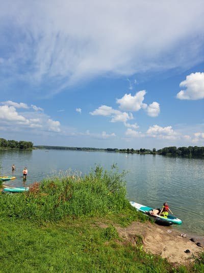 The image depicts a wide, calm lake with a tree-lined shore in the distance under a bright, cloudy sky. In the foreground, lush green grass and vegetation lead down to a sandy bank where two people are on a paddleboard in the shallow water. One person, wearing a life vest, is kneeling on the paddleboard, while another person, also wearing a life vest, is lying down. Several other people are visible in the water and on paddleboards further out in the lake. The scene suggests a recreational day at a lake, possibly a park or designated swimming area, in or near Sorochii Log, Russia.
