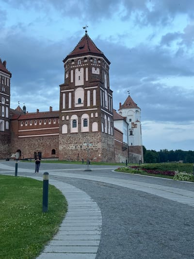 The image depicts the Mir Castle Complex in Мірскі сельскі Савет, Belarus, under an overcast sky. A prominent octagonal tower, constructed of reddish-brown brick with pinkish-beige decorative elements and multiple windows, dominates the center-left. Its conical reddish-brown roof features a spire with a weather vane, and numerous small dark objects, consistent with birds, are visible on the roof and in the sky. To the left, a portion of another similar castle tower is visible. To the right and behind the main tower, sections of the castle wall, built with a stone base and red brick upper courses, connect to a white-painted building with a smaller tower, also topped by a weather vane.
In the mid-ground, a single individual is standing on a dark grey gravel surface near the base of the main tower. This person is dressed in dark clothing and appears to be holding and operating a small electronic device, possibly a smartphone, with both hands.
The foreground features a curved pathway of light grey rectangular paving stones, flanked by green grass with white clover on the left. Dark cylindrical bollards are spaced along the path. To the right of the gravel area, manicured garden beds contain dark green foliage and red and white flowers. A line of dense dark green trees is visible in the background, beyond the castle structure.