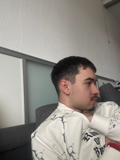 The image depicts a male subject positioned in profile, looking to his right, while seated on a dark grey sofa or armchair. The subject has short, dark hair with a faded haircut on the sides, a short mustache, and a chin beard. He is wearing a white long-sleeved shirt featuring a dark grey, branching, crack-like pattern and partially visible dark text in a gothic font on the front, possibly reading "Run or Die." The background consists of a textured white wall above a light grey panel with a metallic frame, behind which a translucent light blue-green panel is visible on the left. On the right, beyond the subject's shoulder, is the dark grey upholstery of the sofa and indistinct objects. The scene is located in a room in the city of Krems an der Donau, Austria.