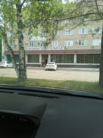 The image captures the facade of a multi-story building with a sign that reads "ГОСТИНИЦА "ЦЕНТРАЛЬНАЯ"" (Hotel "Centralnaya"). The building is constructed with light-colored brick and features numerous windows. In front of the building, there is a paved area with two white cars parked. One car, a Lexus, is parked to the left, and another car, a white sedan, is parked to the right. A prominent tree with a light-colored, textured trunk stands in the foreground, partially obscuring the view of the building. The scene appears to be an exterior shot of a hotel in a city. Based on the context provided, this location is identified as Lesozavodsk, Russia. The image is taken from inside a vehicle, as indicated by the dashboard visible at the bottom of the frame.