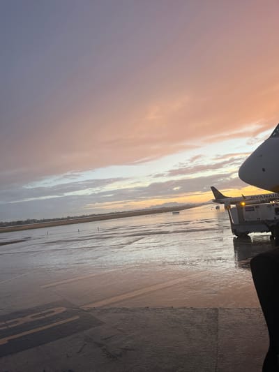 The image shows a partial view of an airplane, specifically a Ryanair plane, at what appears to be an airport apron. The ground is wet, possibly from rain, and there are markings on the pavement indicating taxiways or parking areas. In the background, there is a gradient sky indicating either dawn or dusk, with pastel colors blending from purple to orange. A ground service vehicle, possibly used for baggage loading or other support operations, is connected to the airplane. The location is likely Alicante-Elche Airport (ALC) given Ryanair's presence.