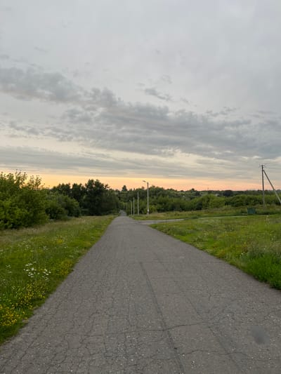 The image depicts a narrow, cracked asphalt road leading into a rural landscape. The road is bordered by a grassy verge with wildflowers. On either side of the road are dense green trees and bushes. In the distance, the sky is overcast with a soft gradient of orange and yellow near the horizon, suggesting either sunrise or sunset. Several utility poles with wires are visible, one on the right and two further down the road on the left. A green trash bin is also present on the right side of the road. The scene is devoid of any human presence or activity. The overall impression is one of a quiet, undeveloped rural setting, potentially in the outskirts of Istobnoye, Russia, given the context provided.