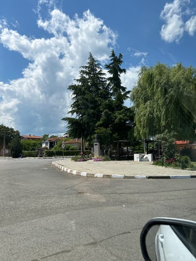 The image depicts a street intersection in the city of Tankovo, Bulgaria. The scene is dominated by a roundabout with a paved surface, bordered by a white and gray curb. Several trees are visible, including tall evergreen trees and a large, weeping willow. A bust on a pedestal stands in the center of the roundabout, flanked by flowerbeds. Behind the roundabout, several houses with red tile roofs can be seen, along with more greenery. The sky is blue with scattered white clouds, suggesting a bright day. The foreground shows a paved road, and the corner of a white car's side mirror is visible on the right edge of the frame. A street sign with a red circle and a diagonal line is also present, indicating a prohibition.
