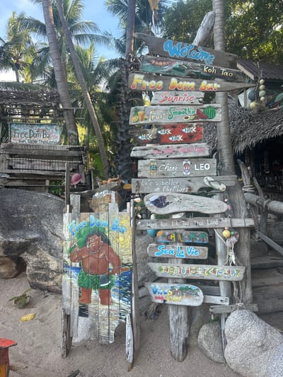 This image depicts a rustic, tropical beachside scene at ตำบล เกาะเต่า, Thailand. The central focus is a tall, multi-directional signpost constructed from numerous weathered wooden planks, each hand-painted with text, symbols, and illustrations.
From top to bottom, the main signpost reads: "Welcome Koh Tao" with a sea turtle, "Free Dom Bar" (misspelled from "Freedom Bar") with a sunrise graphic, "Sunrise", "Fruit Smoothie" with a pineapple and watermelon, a row of fish, "you smile beach happy", "Chang LEO" (featuring images of Chang and Leo beer cans), "Life's better in Flip Flops" with a white flip-flop, an oval plank with a handprint and fish, "Hin Wong Bay Koh Tao Thai Land", "CHILL" with palm trees, "Sea La Vie", Japanese text, and "VIBE LOUNGE" with an island scene.
To the immediate left of the main signpost, a smaller, upright wooden sign features a vibrant, stylized painting of a dark-skinned male figure in a green leaf skirt, holding a green bottle and an axe, against a "Starry Night" inspired background. This sign also bears the text "Free Dom Bar".
The ground is composed of light-colored sand. Large, irregular grey boulders are visible on both the left and right sides, partially anchoring the structures. In the background on the left, an elevated, larger "Freedom Bar" sign made of wooden planks is seen above a structure built from stacked wooden materials. Numerous tall palm trees with green fronds dominate the upper background, indicating a tropical environment. On the right, a structure with a thatched roof is partially visible, suggesting a bar or similar establishment. The scene is illuminated by natural daylight. No individuals are present in the frame.