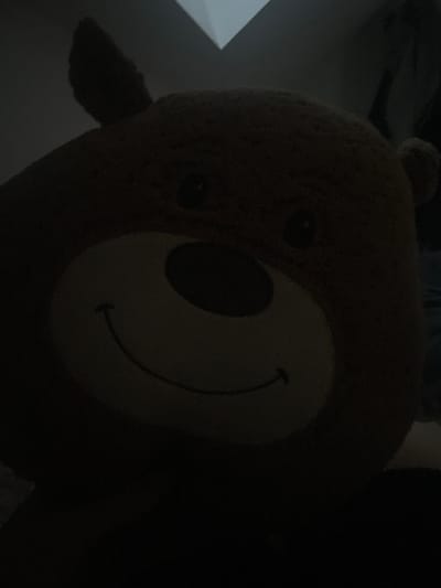 The image is a close-up, low-light photograph of a stuffed teddy bear. The bear is brown with a lighter colored muzzle. It has round, black eyes and a stitched smile. The lighting is dim, with some light reflecting from an overhead source, possibly a ceiling light or window. The background is dark and out of focus. No people or other objects are clearly visible. The location is not discernible from the image.