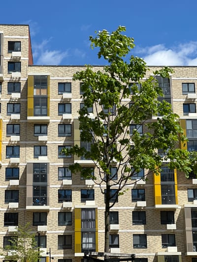 The image shows a modern apartment building in Znamya Oktyabrya, Russia, under a clear blue sky with scattered clouds. The building has a beige brick facade with yellow and grey accents. It features numerous windows, some with air conditioning units installed beneath them, and balconies with glass railings. A mature tree with green foliage stands in the foreground, partially obscuring the building. The sun casts shadows on the building's facade, indicating it is daytime. There are no people or visible human activity in the image.
