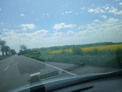 The scene is a view from inside a vehicle traveling on a paved road, likely in the vicinity of Stefanovo, Bulgaria, given the geotagging information. The road stretches ahead, with a gray car visible in the distance along the same lane. To the right of the road, there is a field of yellow flowers, possibly rapeseed, extending to a line of trees in the background. The sky is blue with scattered white clouds. The vehicle's dashboard is visible in the lower portion of the frame. The weather appears sunny.