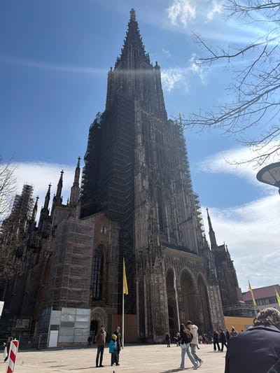 The image shows Ulm Minster in Ulm, Germany. The Gothic architecture of the church is visible, covered partially in scaffolding. People are walking on the plaza next to the church. The sky is blue with wispy clouds. Bare branches are visible in the foreground.