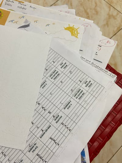 A high-angle, close-up shot shows a red woven plastic basket containing various papers. The papers are stacked and layered, some are blank, and others contain handwritten text, drawings, and a grid layout. One paper has a drawing of a sun and clouds. Another paper has handwritten notes including "Firo 82" and a calculation: "loot loot 80+98+100+578". Several papers have a grid with columns and rows, some containing handwritten letters such as "A", "B", and "C". Text visible includes "Adinda kelas", "Melsya octopus Ariani", "LAGU BAPA KU DATANG PADA MU", "ULANGAN 6 AYAT 5", "DOA SEBELUM TIDUR", "HURUF HIJAIYAH", "SURAH AN-NAS", and "SURAH AL-FALAQ". The scene appears to be indoors, possibly in Tanjung Gading, Indonesia, given the context of the provided information, suggesting a domestic or educational setting. No people are visible in the image.
