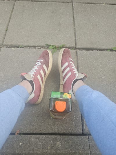 The image shows a pair of worn, dark red Adidas Gazelle sneakers on a person's feet. The sneakers have white stripes and laces, and cream-colored soles. The person is wearing light blue sweatpants. Next to the person's right foot is a small, rectangular bottle of juice with an orange cap. The bottle has a label with a picture of fruit and some text, but it is partially obscured.
The scene is set on a grey concrete sidewalk with some small weeds growing in the cracks between the paving stones. The concrete appears to be made of large, square slabs. The lighting suggests it is daytime, and the shadows are not very pronounced, indicating possibly overcast weather or the sun being high in the sky. The overall impression is casual and everyday, perhaps a person walking or standing outside.
There is text visible on the juice bottle's label, including what appears to be a barcode and some numbers like "12123" and "28.02.2027", which might be a batch number and an expiration date. The location context is provided as Dūkštas, Lithuania.