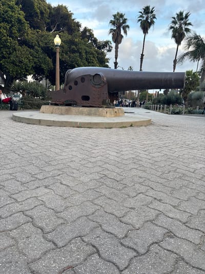An old cannon stands on a concrete platform beside a paved area, angled towards the sky. Palm trees line the horizon. The cannon's rusty metal surface shows signs of age. Green trees and a lamppost flank one side of the cannon. The sky is overcast with hints of blue. People are gathered in the background beyond the cannon.