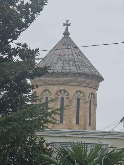 The image shows the upper portion of a domed church or cathedral. The dome is covered in grey tiles and topped with a cross. The cylindrical base of the dome is constructed of light brown stone and features a decorative band of inscribed text and a row of arched windows. Trees with dark green leaves partially obscure the structure. The sky is overcast and light grey. Power lines are visible in the foreground, running across the sky. The building appears to be located in Samtredia, Georgia.