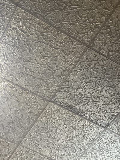The image displays an overhead perspective of a tiled interior ceiling located in Balgarsko Slivovo, Bulgaria. The ceiling is composed of numerous light gray, rectangular panels, each uniformly embossed with a distinct, raised, organic, and swirling texture. These panels are separated by dark gray grid lines, creating a structured pattern across the entire visible surface. Variations in brightness across the panels indicate incident light from an unseen source. No individuals, additional objects, or activities are present within the frame.