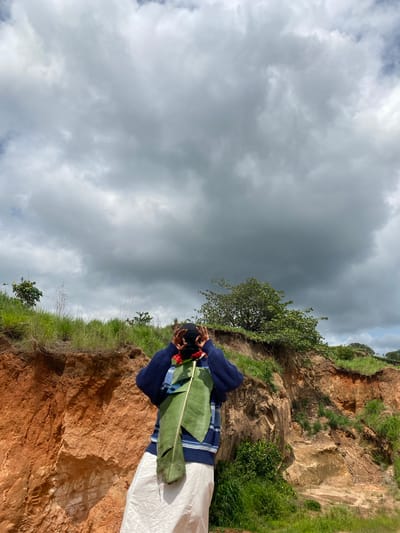 The image depicts a person wearing a blue and white striped sweater and white pants, holding a large green leaf with red flowers attached. The person appears to be standing on the edge of a rocky cliff in a natural setting. The background features a dramatic sky filled with dark, ominous clouds, suggesting an approaching storm or a cloudy day.
The cliff itself is made of reddish-brown rock, with patches of green grass and small bushes growing on its surface and along the edge. The terrain appears somewhat arid and exposed. In the distance, more green foliage can be seen, indicating a vegetated area beyond the cliff. The overall scene conveys a sense of natural beauty, possibly with a hint of drama due to the weather. The person's posture and the way they are holding the leaf and flowers could suggest a moment of contemplation or an offering. No text is visible in the image.
