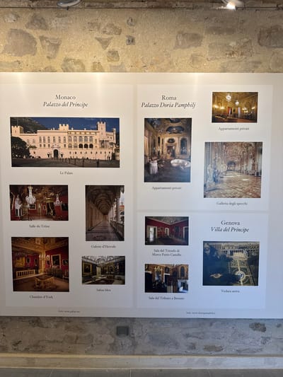 The image is a photograph of a museum exhibit displayed on a wall with a rough, stone texture. The exhibit consists of several framed images and text, organized into three distinct sections labeled "Monaco," "Roma," and "Genova." The "Monaco" section features a large photograph of a palace exterior with the caption "Le Palais," followed by smaller images of interior rooms labeled "Salle du Trône," "Galerie d'Hercule," "Chambre d'York," and "Salon bleu." The "Roma" section displays a photograph of an opulent interior room with the caption "Appartamenti privati," and another image of a grand hallway labeled "Galleria degli specchi." Below these, there are images labeled "Sala del Trionfo di Marco Furio Camillo" and "Sala del Tributo a Brenno." The "Genova" section shows a photograph of a building with manicured gardens from an aerial perspective, captioned "Veduta aerea," and the text "Villa del Principe." Website information is provided at the bottom of each section. There are no people visible in the exhibit or its surrounding environment. The exhibit is mounted on a white surface against a backdrop of rough-hewn stone walls, suggesting an indoor display space. The lighting appears to be artificial, casting a soft illumination on the exhibit. The city of Dolceacqua, Italy, is not depicted or mentioned in the image or its accompanying text.