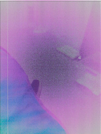 This media file is an abstract, digitally altered image with a prominent horizontal line pattern overlay. The background displays a gradient of colors, transitioning from a soft pink or purple on the left to a vibrant blue on the right. Within this colorful background, there are amorphous shapes that could be interpreted as abstract forms or blurred representations of objects or a scene. The central area of the image is more densely textured and darker, with a cluster of dark specks that might suggest a focal point or a distorted element. The overall impression is one of digital art or a heavily processed photograph. There are no discernible people, specific objects, or clear indications of a time of day, weather, or location. No text is visible in the image. The abstract nature of the image prevents a detailed factual description of subjects or activities.