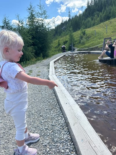 A blonde toddler, wearing a white t-shirt with pink floral patterns, white ribbed pants, and pink sneakers, stands on a gravel path next to a wooden border. The toddler points at the water in a pond. In the background, a person sits on a wooden platform near the pond. The scene is set in a mountainous, green environment with evergreen trees and a blue sky with scattered clouds. The location is identified as the Alpenwiesen kindergarten in Reitdorf, Austria.