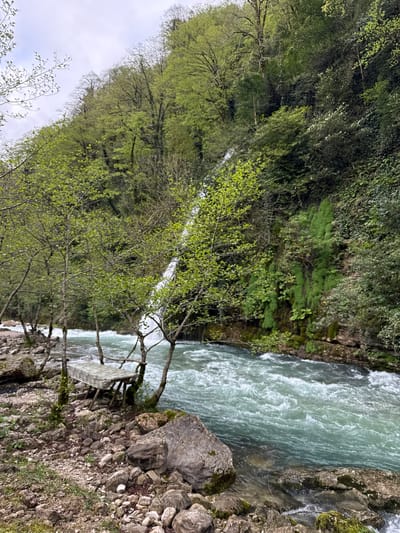The image shows a river flowing through a rocky gorge in Pirveli Balda, Georgia. The water is turbulent and light green. The gorge is heavily wooded with trees and vegetation. There is a small structure made of wood and what appears to be a mattress set near the riverbank. The sky is overcast. The picture seems to be taken from a slightly elevated position on the riverbank.