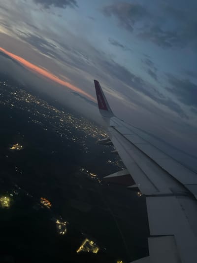 An aerial view from an airplane window shows a twilight scene over a city. The image is oriented vertically, with the airplane wing prominently in the foreground, extending from the right side of the frame towards the left. The wing is white and gray, with visible flaps and mechanisms. The Wizz Air logo, a pink stylized "wizz air.com", is visible on the underside of the wing.

Below the wing, the city lights twinkle like scattered jewels against the dark landscape. The lights suggest a populated area with buildings and infrastructure. The sky above is a gradient of deep blue and gray, with wisps of clouds. A band of soft pink and orange light is visible on the horizon, indicating the last moments of sunset or the approach of dawn.

The overall mood is serene and awe-inspiring, capturing the transition from day to night seen from high above. The location is Lamezia Terme, Italy.