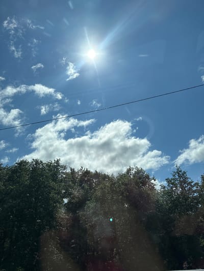 A bright sun shines in a clear blue sky with scattered white clouds, casting light rays. A thin black wire stretches horizontally across the upper portion of the frame. Below the sky, a dense canopy of dark green trees dominates the lower half of the image, obscuring the ground. The scene appears to be outdoors, possibly in a natural setting or a park, with no people or specific city landmarks visible. The location is identified as Prigorodnyi, Russia.