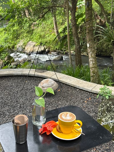 The image captures a tranquil scene outdoors, likely at a cafe or restaurant. The location is suggested to be Licin, Indonesia, based on the prompt. A vibrant yellow cup of coffee, decorated with latte art, sits on a matching saucer on a dark-colored table. Next to the coffee, there is a small glass vase containing a green plant with several leaves and an orange flower. A metal cup filled with napkins is also visible on the table. In the background, a small stream flows through a lush, green landscape. The setting is natural, with trees and plants dominating the view behind the table. The seating arrangement seems to be outdoors.