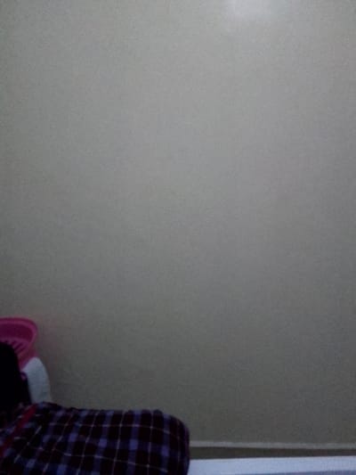 The bottom of a pale gray wall is visible, with a white baseboard partially shown along the lower edge. A pink and white plastic container rests in the lower left corner. A person with dark hair is partially visible, and a plaid blanket or shirt, predominantly purple, is draped across them. The lighting appears to be soft and diffused.