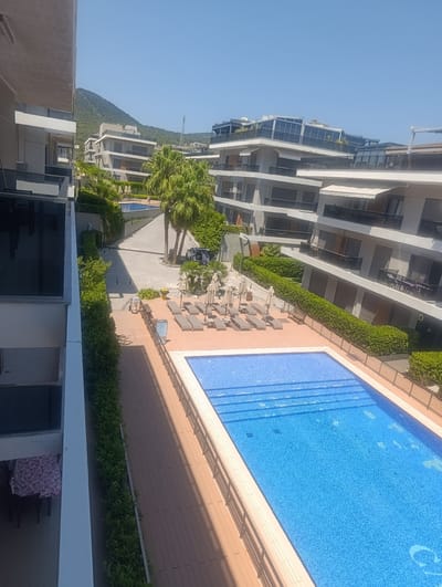 The image depicts a high-angle view of a resort or residential complex in Urla, Turkey, on a clear, sunny day. The scene features a large, rectangular swimming pool with bright blue tiled water and visible steps leading into it. Surrounding the pool is a wooden deck area furnished with numerous empty lounge chairs and umbrellas.

Several multi-story apartment buildings with modern architectural designs are visible. These buildings have balconies, glass railings, and clean, geometric lines. They are nestled amongst lush green landscaping, including manicured hedges and palm trees. In the background, a verdant, tree-covered hillside rises under a clear blue sky. A paved pathway leads to a smaller pool area, and a dark-colored vehicle is parked nearby. The overall impression is one of a tranquil, well-maintained vacation or residential environment.