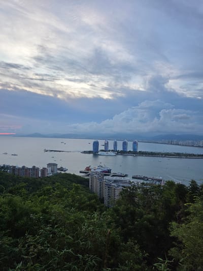 This image captures a scenic view of the coast in the Jiyang District of China. The foreground is dominated by lush green foliage, suggesting a hillside or elevated viewpoint. Beyond the greenery, a body of water stretches towards the horizon, dotted with various vessels, including ferries and smaller boats. In the middle ground, a waterfront area features several multi-story buildings, some with modern, distinctive architecture, and docks with more boats. Further in the distance, a row of buildings forms a cityscape along the coast, with mountains visible in the background. The sky is overcast with dramatic clouds, transitioning from muted blues and grays to areas of bright white, with a subtle pinkish hue near the horizon on the left, possibly indicating dawn or dusk. The overall impression is one of a coastal urban landscape under a dynamic sky.