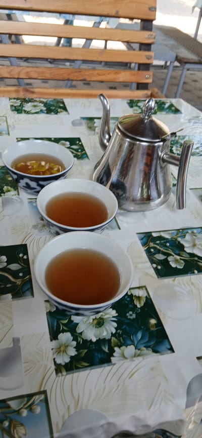 A high-angle, close-up shot captures a table setting with a metallic teapot and three bowls of amber-colored liquid, likely tea, arranged on a patterned tablecloth. The tablecloth features floral motifs in shades of green, white, and blue, interspersed with lighter cream-colored textured patterns. The teapot, made of polished metal, has a curved handle and a pointed lid. Two of the bowls are clearly visible, filled with the liquid, while a third is partially obscured. The bowls have a white exterior with a dark blue decorative band around the rim, featuring a traditional Uzbek pattern. In the background, wooden slatted seating is visible, suggesting an outdoor or patio setting. The overall impression is one of a tranquil moment, possibly at a cafe or home in Yangiyul, Uzbekistan, where tea is a common beverage.