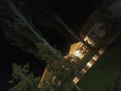 The image, taken at night, depicts an outdoor area adjacent to a modern building with a distinctive angular roof structure, possibly a restaurant or commercial establishment in Sary-Oy, Kyrgyzstan. Tall, slender trees with sparse foliage are prominent in the foreground and extend upwards, framing the scene. The building's facade features large glass windows, reflecting the external lights. A pathway with embedded lighting runs diagonally across the image, illuminating the dark green grass on either side. Several tables and chairs are visible under the illuminated roof structure, suggesting patrons are present. The overall impression is one of a well-lit, contemporary outdoor dining or gathering space within a natural, possibly resort-like, setting.