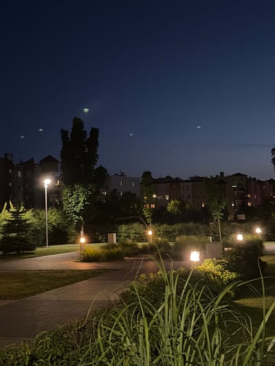 The image depicts a park at dusk in Lublin, Poland, with a dark blue sky and several illuminated street lamps and garden lights. In the foreground, tall green grasses are prominent, with a paved pathway curving through the park. Several trees, some with lush foliage and one appearing more skeletal, are scattered throughout the scene. In the background, apartment buildings with illuminated windows line the horizon. The sky is mostly clear with a few faint, glowing orbs, possibly reflections or atmospheric phenomena. The overall atmosphere is calm and serene, characteristic of an urban park at night.