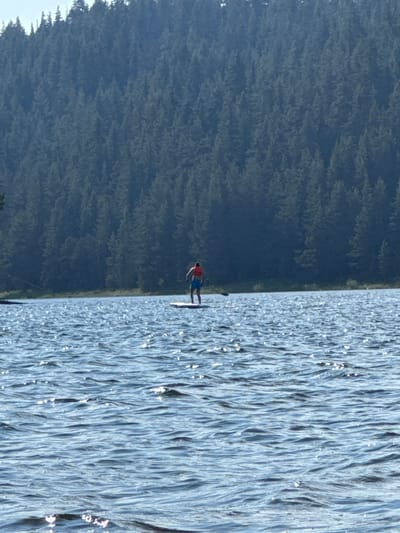 A lone individual stands on a paddleboard in the middle of a body of water. The person is facing away from the camera and appears to be wearing a life vest. The water is choppy, with sunlight reflecting off its surface. In the background, a dense forest covers a hillside. The location is the reservoir near the town of Sarnitsa, Bulgaria.