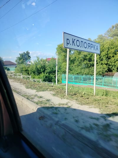 The image shows a street sign in Grabovo, Russia. The sign reads "р. КОЛОЯРКА" in blue Cyrillic letters on a white background with a blue border. It is mounted on two poles. The scene is set during the day, under a clear blue sky, suggesting fair weather. The background is filled with lush green trees and foliage, typical of a rural or suburban area in summertime. In the foreground, a concrete curb and a sandy area with sparse vegetation are visible, likely along the side of a road. A white fence with a patterned design runs along the sandy area. Further in the background, houses with red and brown roofs are partially obscured by the trees, and a turquoise fence is visible. The image appears to be taken from inside a vehicle, as indicated by the dark window frame on the left side and the slight motion blur, suggesting travel. The overall atmosphere is serene and peaceful.