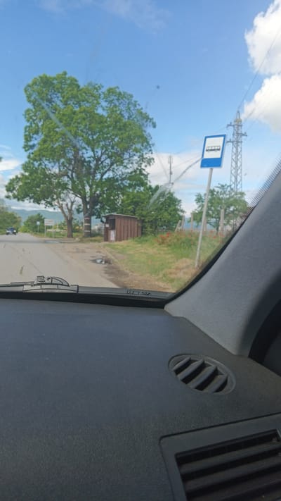 A view from inside a vehicle shows a road scene in Boliartsi, Bulgaria. Visible through the windshield is a two-lane road with a large tree on the left. A small, wooden bus shelter is adjacent to the tree. A bus stop sign is on the right side of the road, near a utility pole. Red flowers are visible in the grass. The vehicle's dashboard is prominent in the foreground, featuring a circular air vent.