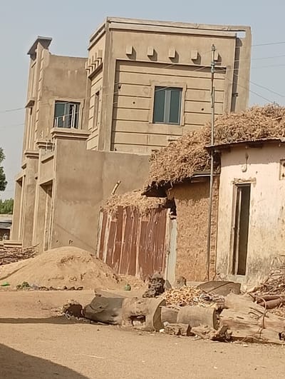 The scene depicts a rural or semi-urban environment in Sumaila, Nigeria, under a clear, bright sky. In the background, two multi-story buildings constructed from light-colored concrete or cement feature modern dark-framed windows and decorative architectural elements, suggesting recent construction or ongoing development. An electrical pole with wires is positioned near the rightmost new building. In the midground and foreground, contrasting older structures are visible: a single-story building with a light pinkish-beige facade and an open, dark doorway, its roof heavily covered with dried plant material (likely fodder or thatch); and an adjacent structure with reddish-brown corrugated metal siding, also topped with dried plant material. The unpaved ground is composed of light brown dirt or sand. A large mound of sand is present in the midground left. Numerous cut logs and piles of chopped firewood or branches are scattered across the foreground and midground, indicating wood processing or storage. No individuals are visible.