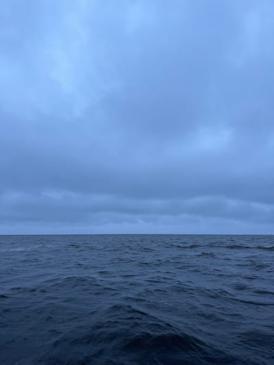 The image depicts a vast expanse of dark, choppy water under a heavily overcast sky. The horizon line is clearly defined, separating the textured surface of the sea from the muted blue-grey clouds that fill the upper portion of the frame. The overall impression is one of a somber, perhaps inclement, weather condition over an open body of water, consistent with the maritime environment of Yandova Guba, Russia. No people or specific objects are visible, emphasizing the natural elements of the scene.