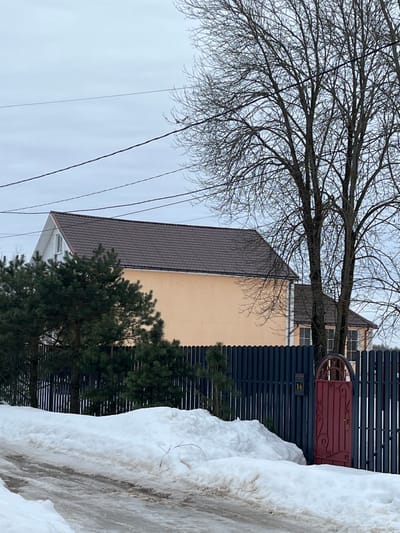 The image depicts a residential scene in Kalinino, Russia, under an overcast sky. A two-story building with a light peach-colored exterior and a brown metal tile roof is visible, with a white gable end on its left side. A darker roofline of an adjacent or extended structure is visible further right. In the foreground, a dark gray-blue vertical metal slat fence with a scalloped top edge extends across the mid-ground. An ornate red metal pedestrian gate with a curved arch top and decorative scrollwork is integrated into the fence on the right, featuring a dark plaque with white numbers "14" to its left. Evergreen trees are planted behind the fence on the left, while a large, bare deciduous tree with numerous branches dominates the right side of the frame, partially obscuring the house. The ground is covered with snow, forming irregular drifts along the fence line and bordering a visible dirt or muddy track in the immediate foreground. Multiple dark power lines traverse the upper portion of the frame horizontally. No people or active interactions are visible.