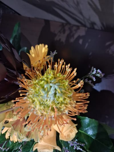 This is a close-up photograph of a flower arrangement, likely a bouquet or centerpiece, set against a dark, out-of-focus background. The primary subject is a Pincushion Protea, its spiky, bright orange stamens extending from a yellowish-green central disk. Surrounding the protea are several pale yellow roses and a few sprigs of small, purple flowers, possibly statice. Dark green leaves and some deep burgundy foliage are also visible, adding depth and contrast to the arrangement. The lighting appears to be artificial and somewhat dim, casting shadows that obscure details in the background. There are no people, text, or discernible weather conditions. The overall mood is one of natural beauty and floral display. The setting could be indoors, such as a home, event venue, or florist shop in Ottawa, Canada.