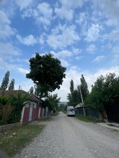 The image depicts a village street in Кызыл-Тоо, Kyrgyzstan, under a cloudy sky. A gravel road runs through the center, flanked by houses and fences. Tall, slender trees are visible on either side of the road, interspersed with broader, leafy trees. A white ambulance with red cross markings is parked on the right side of the road, facing away from the camera. Power lines are strung overhead. The overall scene suggests a rural or semi-rural residential area.