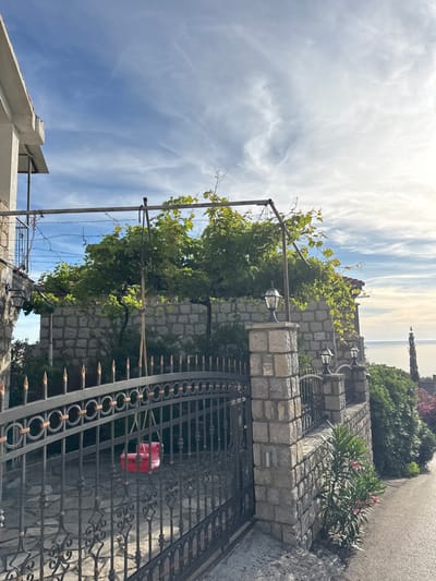 In Rijeka Reževići, Montenegro, a black wrought-iron gate with ornate scrollwork and pointed finials spans across the foreground. Behind the gate, a vibrant red child's swing is suspended from above. The gate is bordered by a low, stone-clad wall topped with square stone pillars, each fitted with an outdoor lamp. Lush green vegetation, including a vine-covered pergola with trailing green leaves, grows over the wall and extends towards a building with a concrete overhang visible on the far left. The sky above is a bright blue with wispy white clouds, and the sun is casting a warm light on the scene, with a glimpse of the sea visible in the distance. The environment suggests a residential property, possibly a home or guesthouse, situated in a coastal area.