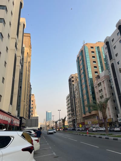 The image displays an urban street scene in the city of Sharjah, United Arab Emirates, looking eastward down a multi-lane road flanked by numerous high-rise buildings. On the left, a row of cream-colored residential or commercial structures rises, with a ground-floor shop featuring a red awning and Arabic script partially visible in the immediate foreground. Several vehicles are parked along the left curb, including a white SUV in the foreground and a yellow sedan adjacent to it. A male individual, wearing a dark blue shirt and dark trousers, stands by the driver's side of the yellow sedan. On the right, similar multi-story buildings line the street, with one prominent structure featuring a light brown facade accented by vertical strips of blue-tinted glass windows. Palm trees are planted along the median strip separating the road from the right-hand sidewalk. Streetlights with multiple fixtures are visible along the road. Traffic, including several white sedans, is observed moving in the distance, and a "40" speed limit sign is visible on the right. The sky is clear and light blue, with several small, dark specks identified as birds. In the far distance, a tall building with a distinctive blue glass facade dominates the cityscape. The lighting suggests late afternoon conditions.